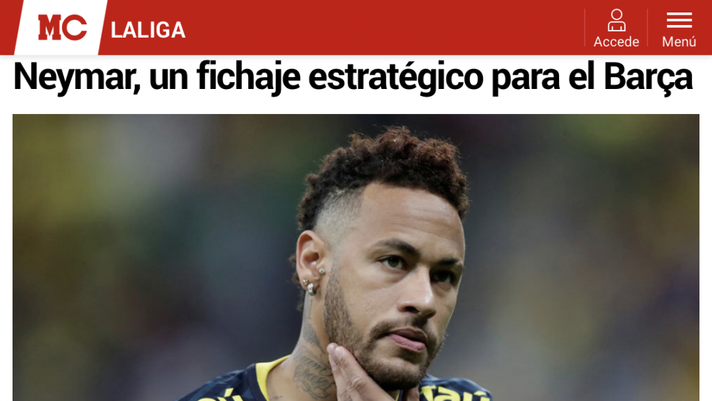 Online edition of Spanish sports newspaper Marca with story about potential Neymar Jr signing by Barcelona FC