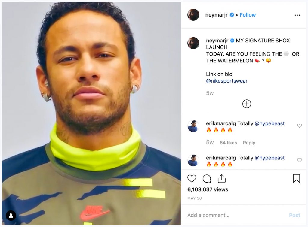 Instagram post of Neymar Jr announcing the launch of his signature  shox shoes